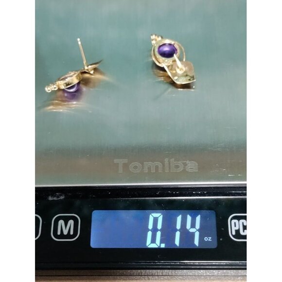 Gold Plated Round Amethyst Stone Leaf Stud Earrings - Picture 5 of 5